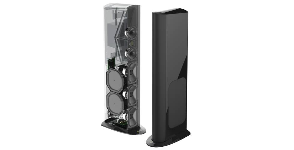Two black GoldenEar floorstanding speakers
